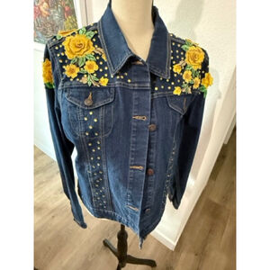 Faded Glory Blue Jean Jacket with Yellow Rose of Texas Embellishments Size L